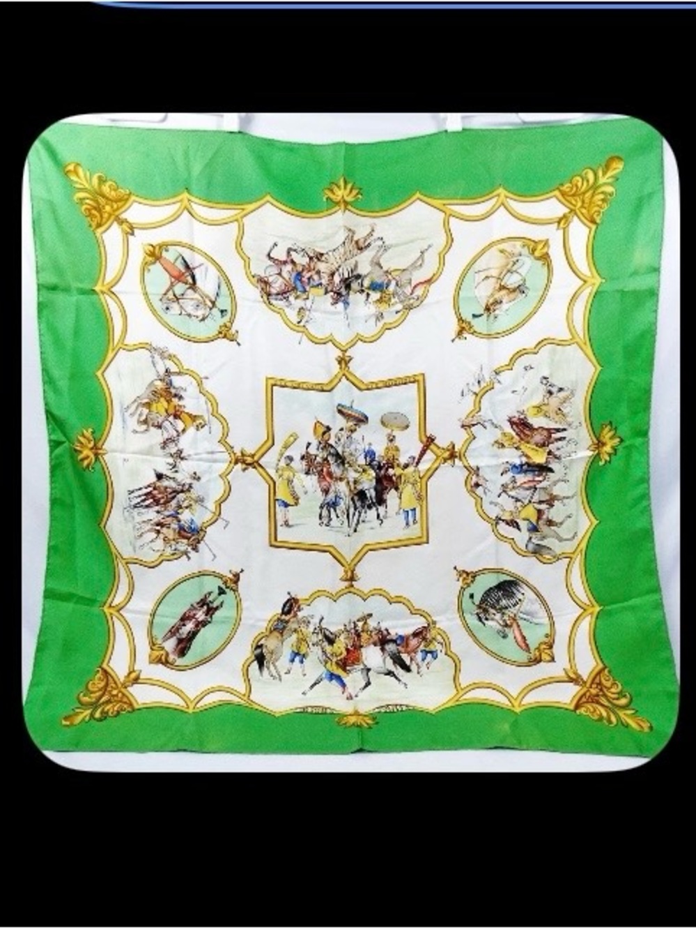 Hermes Scarf Silk Green White Equestrian Design 86 90 cm